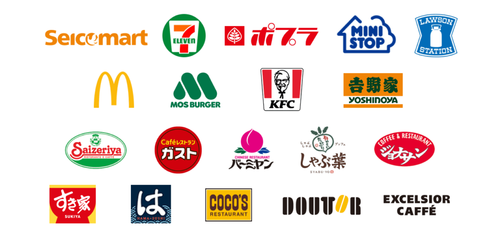 セブン‐イレブン、ローソン、マクドナルド、サイゼリヤ、ガスト、バーミヤン、しゃぶ葉、ジョナサンなどの対象店舗のロゴ
